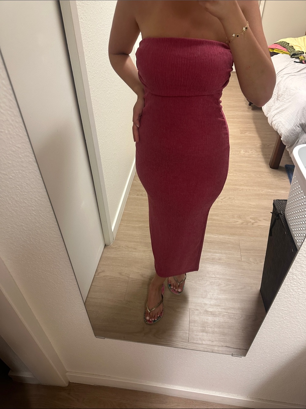 Zara Strapless Ribbed Midi Dress in Berry